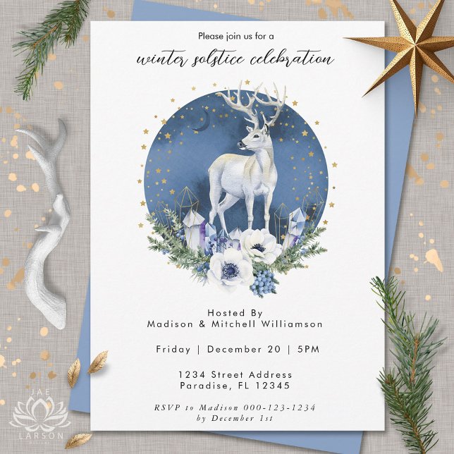 Invitation Vacances du solstice d'hiver Cerf Bleu Blanc Noël (Créateur téléchargé)