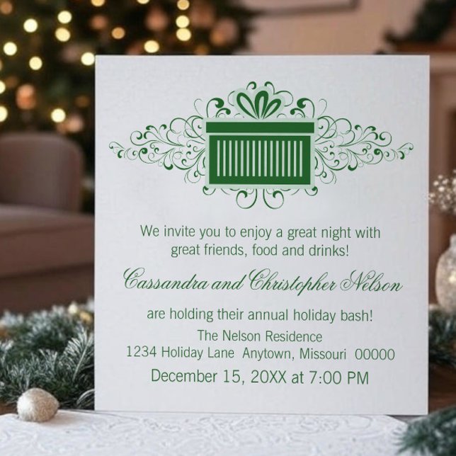 Invitation Vacances Fête de Noël, Vert (Green Holiday Swirls Present Christmas Party Invitation)