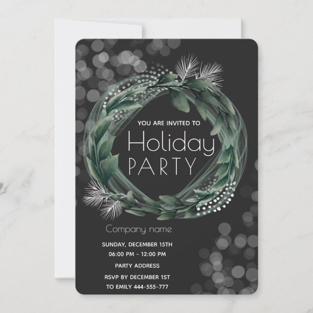 Invitation Vacances hiver verdure wreath bokeh entreprise (Devant)