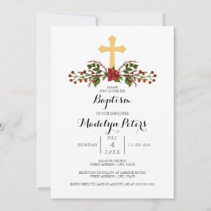 Invitation Vacances hiver Wreath Gold Cross Baptisme
