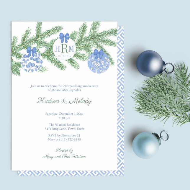 Invitation Vacances intelligentes Monogramme Mariage Annivers (Wedding Anniversary Party Invitation Featuring Fir Tree Branch With Blue And White Baubles)