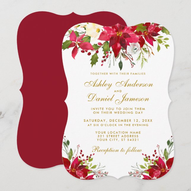 Invitation Vacances Mariage Or Rouge Floral Poinsettia (Devant / Derrière)