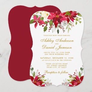 Invitation Vacances Mariage Or Rouge Floral Poinsettia