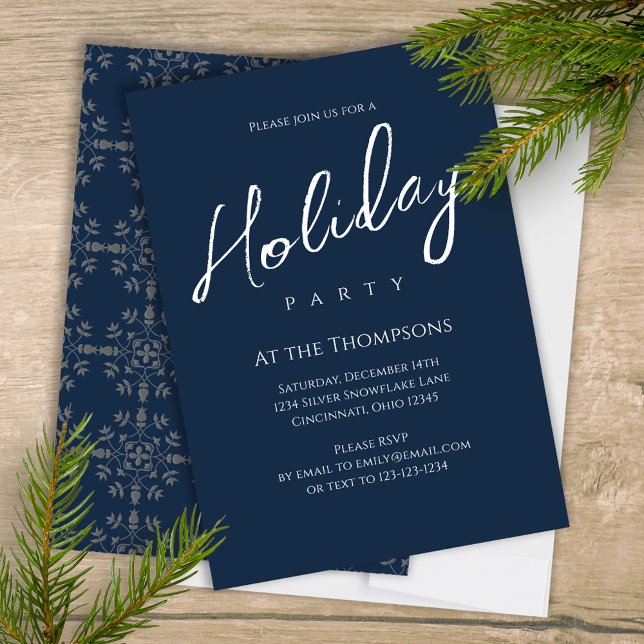 Invitation Vacances Moderne Simple Marine Bleu Calligraphie S (Elegant silver and navy blue snowflake pattern holiday Christmas party invitation. )
