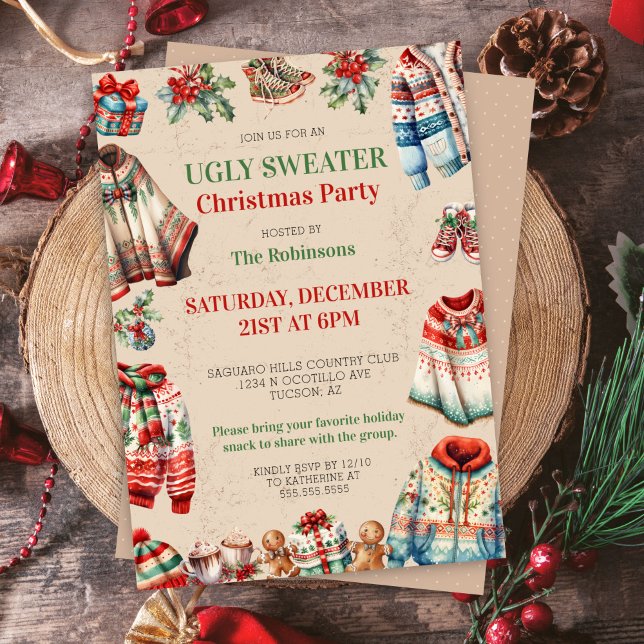 Invitation Vacances Noël moche Sweat échange cadeaux (festive ugly sweater party invitation for christmas holiday party with white elephant gift exchange)
