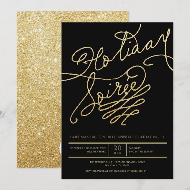 Invitation Vacances Soiree Gold Parties scintillant Script Cl (Devant / Derrière)