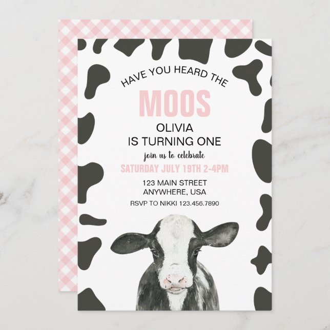 Invitation Vache Avez-vous entendu Moos rose Plaid Anniversai (Devant / Derrière)