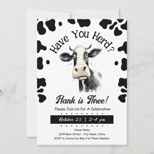Invitation Vache avez-vous troupeau 3e anniversaire aquarelle (Devant)