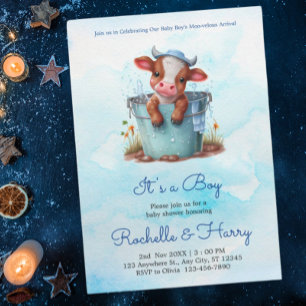 Invitation Vache bébé mignonne dans le Baby shower bleu seau
