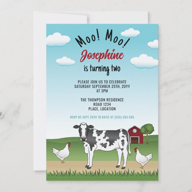Invitation Vache blanche et noire et poulets Ferme Basse-cour (Devant)