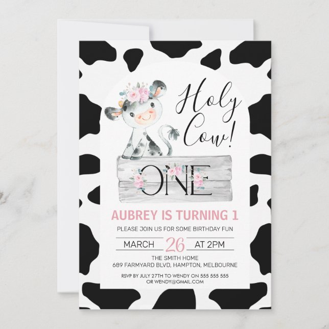 Invitation Vache blanche noire rose florale Imprimer 1er anni (Devant)