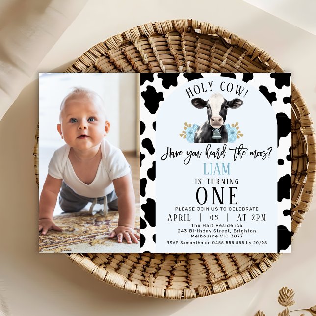 Invitation Vache bleue florale Imprimer Photo Vache sainte 1e (Boy's Holy Cow 1st Birthday Invitation Template, Photo Cow Themed Birthday Invitation, Cow Print)