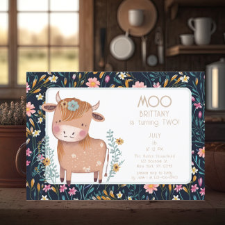 Invitation Vache Boho Floral Deuxième anniversaire