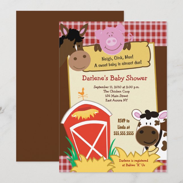 Invitation Vache de ferme Cochon Barnyard Baby shower Invitat (Devant / Derrière)