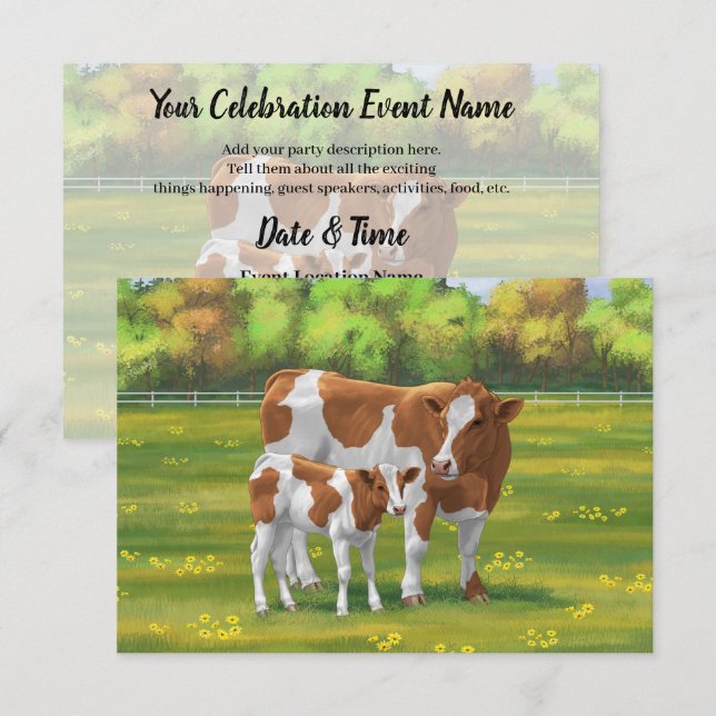 Invitation Vache de Guernesey et veau mignon dans les pâturag (Devant / Derrière)