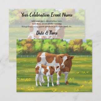 Invitation Vache de Guernesey et veau mignon dans les pâturag