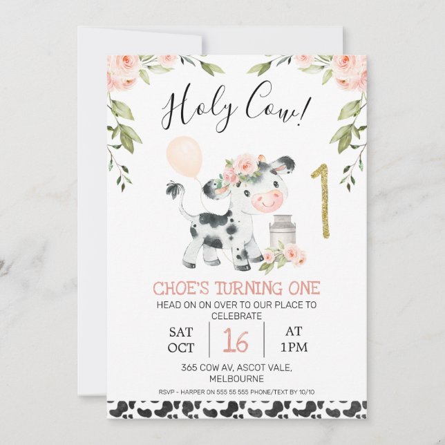 Invitation Vache de vache rose florale Imprimer Premier anniv (Devant)
