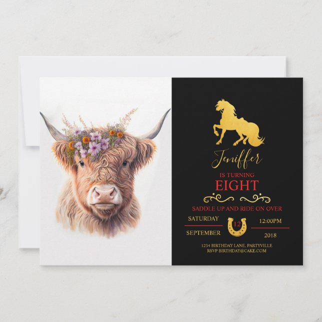 Invitation Vache des Highlands avec couronne florale Illustra (Devant)