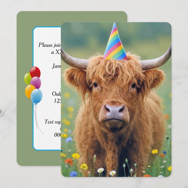 Invitation Vache des Highlands d'anniversaire avec chapeau de (Devant / Derrière)