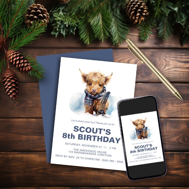 Invitation Vache des Highlands en snowboard (Créateur téléchargé)