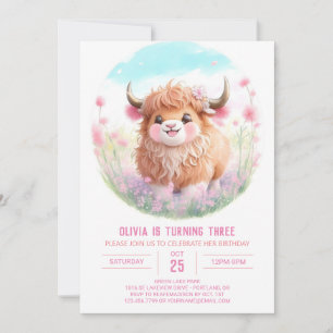 Invitation Vache des Highlands et fleurs roses Anniversaire