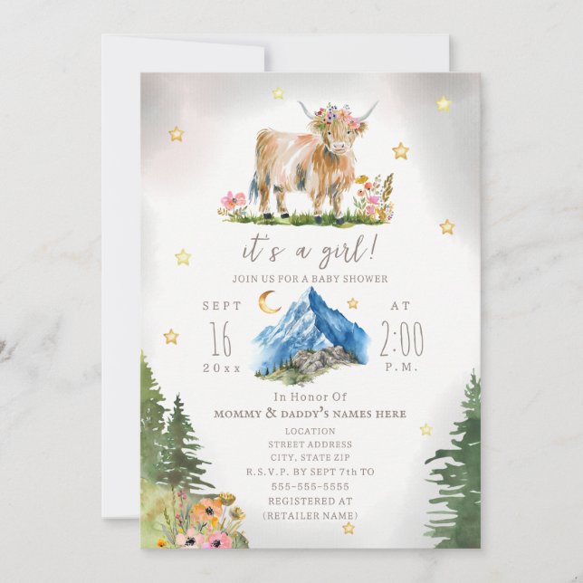 Invitation Vache des Highlands Fleurie Montagne Bébé Shower  (Devant)