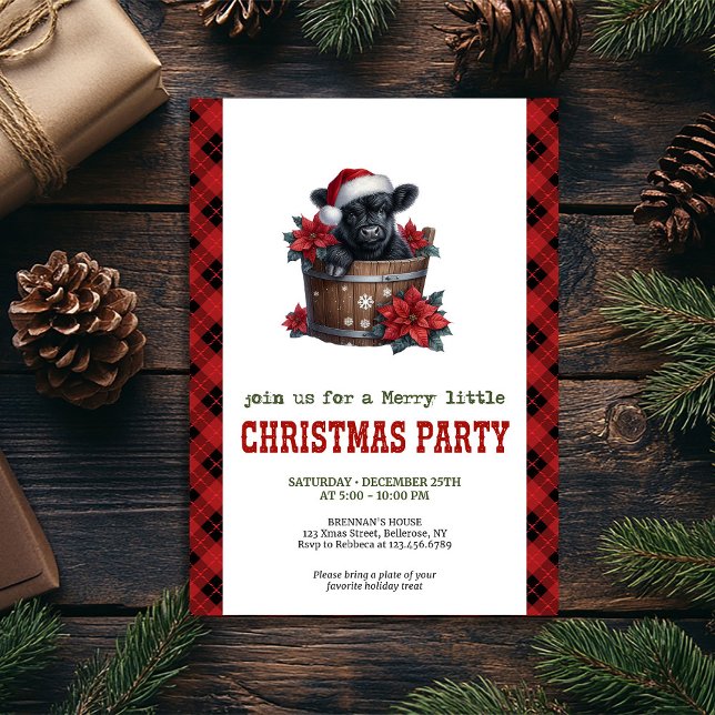 Invitation Vache des Highlands joyeuse invite charme poinsett (Cheerful highland cow invite red poinsettia charm

)