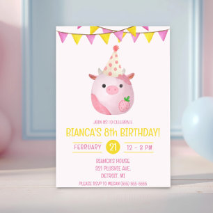 Invitation Vache en peluche rose et jaune, fête d'anniversair
