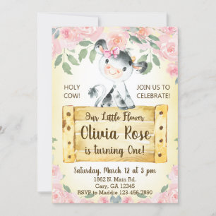 Invitation Vache et rose fille 1er premier anniversaire Invit
