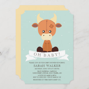 Invitation Vache farcie Baby shower jaune et vert neutre