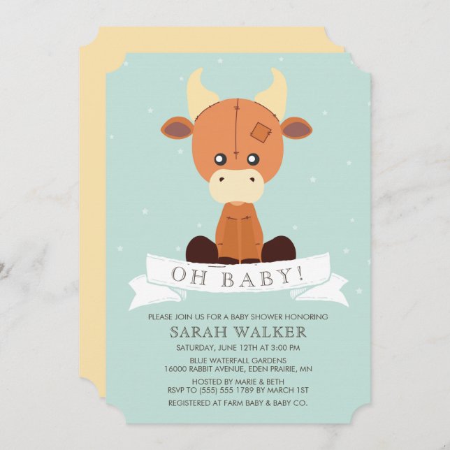 Invitation Vache farcie Baby shower neutre jaune et vert (Devant / Derrière)