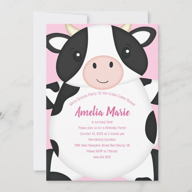 Invitation Vache fête d'anniversaire rose (Devant)