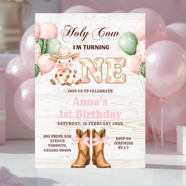 Invitation Vache Fille Rose Rodeo Occidental 1er Anniversaire (Créateur téléchargé)