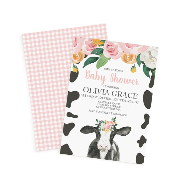 Invitation Vache Fleurs Roses et Gingham Baby Shower (Créateur téléchargé)