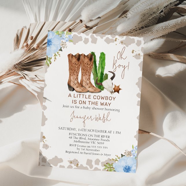Invitation Vache florale bleu Imprimer baby shower petit cowb (Blue Floral Cowboy Baby Shower Invitation, Little Cowboy baby shower Invite, Wild West Theme Shower)