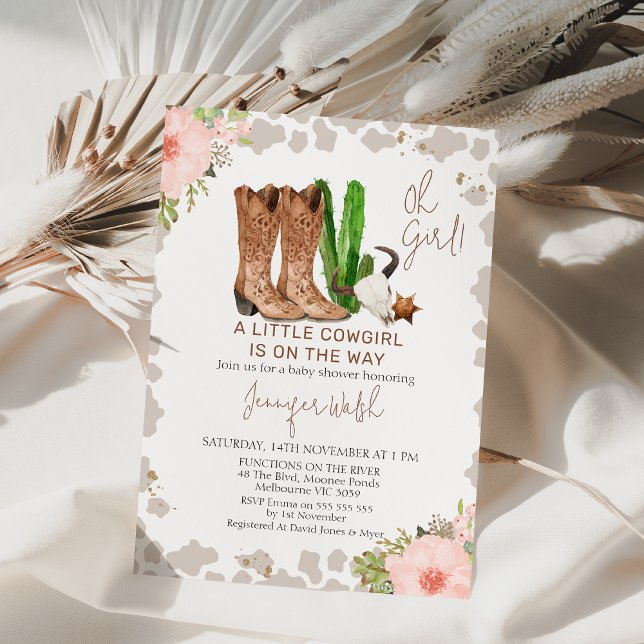 Invitation Vache florale rose Imprimer baby shower petite fil (Cowgirl Baby Shower Invitation Template, Wild West Little Cowgirl Invite, Western Themed, Rodeo
)