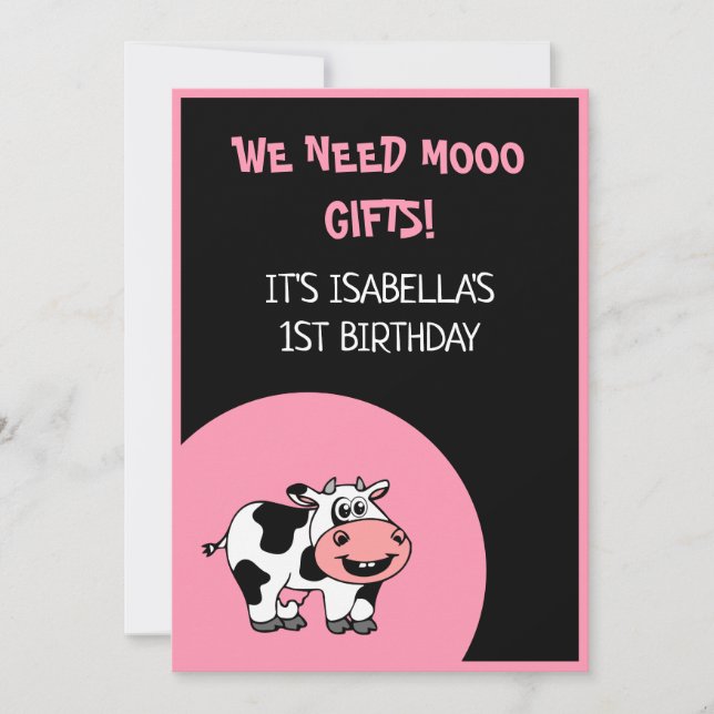 Invitation Vache Funny ferme animal thème fille 1er anniversa (Devant)