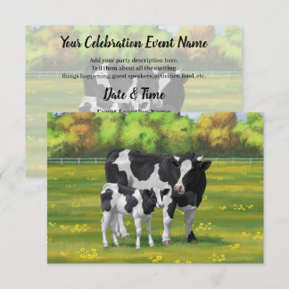 Invitation Vache Holstein et veau mignon en pâturage d'été