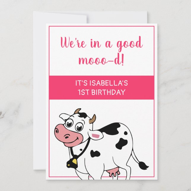 Invitation Vache Joyeuse ferme animal thème fille 1er anniver (Devant)