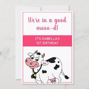 Invitation Vache Joyeuse ferme animal thème fille 1er anniver