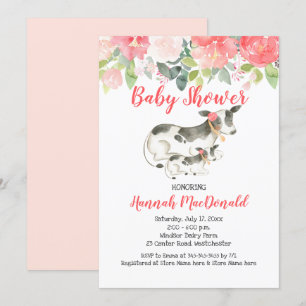 Invitation Vache laitière Floral Corail rose Baby shower Invi