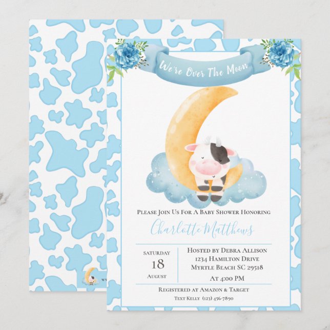 Invitation Vache mignonne au-dessus du Baby shower bleu lune (Devant / Derrière)