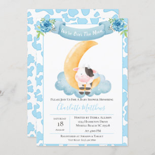 Invitation Vache mignonne au-dessus du Baby shower bleu lune