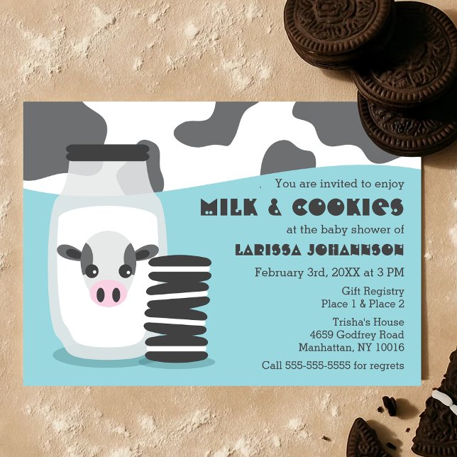 Invitation Vache mignonne et lait et biscuits Baby shower ble (Cute Cow and Milk and Cookies Blue Baby Shower Invitation)