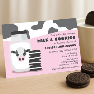 Invitation Vache mignonne et lait et biscuits Baby shower ros