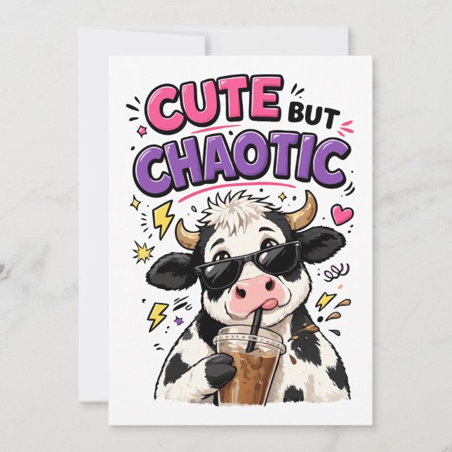 Invitation Vache mignonne mais chaotique avec café glacé (Devant)