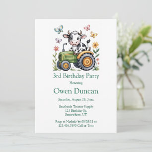 Invitation Vache mignonne sur tracteur pour fête d'anniversai