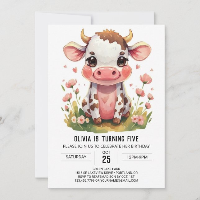 Invitation Vache moderne rose bohème Anniversaire (Devant)