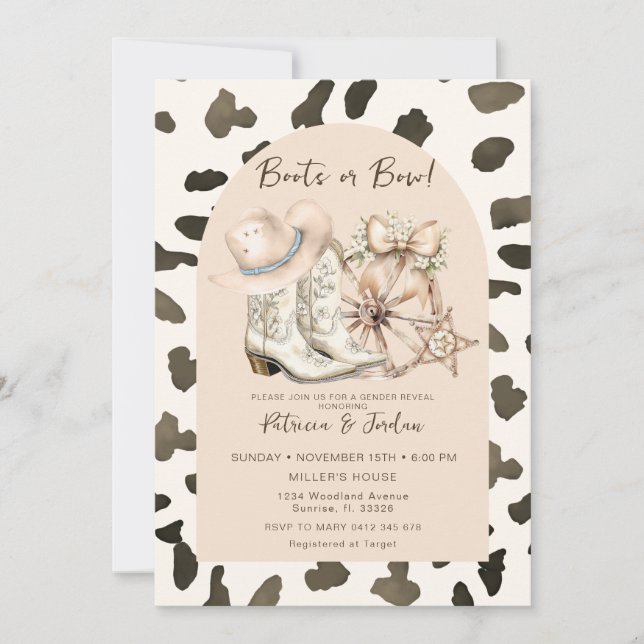 Invitation Vache Motif Western Boots ou Bow Genre Reveillez (Devant)