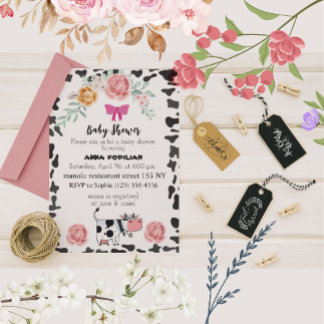Invitation Vache noire blanche rose pour baby shower Invitati